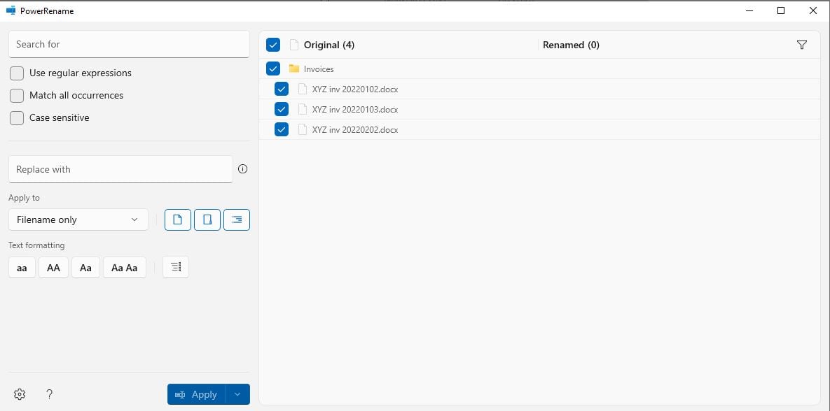 PowerRename main window
